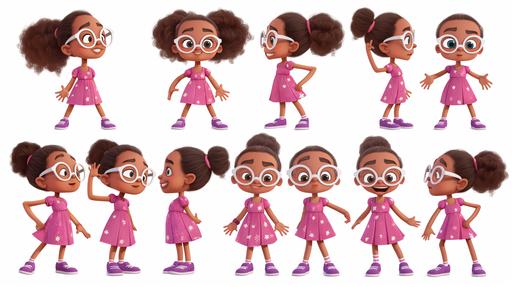 happy brownskin girl, 6years old, white glasses, pixar styled, multiple expressions and poses, character sheet, pink dresss, purple shoes , character sheet --ar 16:9 --v 6.0