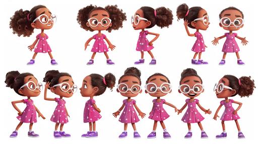 happy brownskin girl, 6years old, white glasses, pixar styled, multiple expressions and poses, character sheet, pink dresss, purple shoes , character sheet --ar 16:9