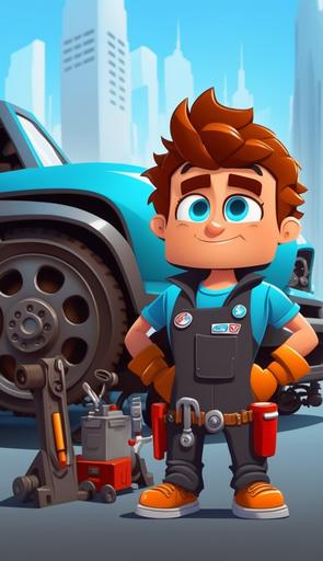 happy car mechanic repairing vehicle on the street with wrench and futuristic city background image, 3d character, character art, character concept, anime style, car road assistance service and mechanic with tools, 3d character, character art, character concept, anime style, spring theme, cute, adorable, 4k, hd, big head, small body, main character, cartoon, tilt shift, 8K, --ar 9:16