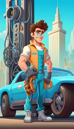 happy car mechanic repairing vehicle on the street with wrench and futuristic city background image, 3d character, character art, character concept, anime style, car road assistance service and mechanic with tools, 3d character, character art, character concept, anime style, spring theme, cute, adorable, 4k, hd, big head, small body, main character, cartoon, tilt shift, 8K, --ar 9:16