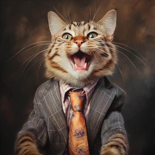 happy cat, funny face, full body portrait, wearing a suit--s 250
