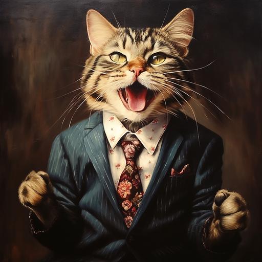 happy cat, funny face, full body portrait, wearing a suit color black--s 250