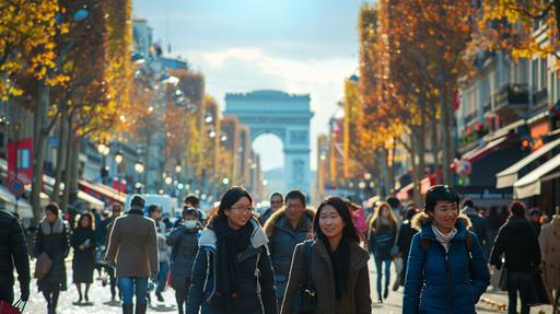 happy chinese shoppers on champs elysee, vivid environment, beautiful skyling, --ar 16:9