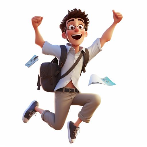 happy college boy, jumping, long sleeve white shirt, dark long pants, no overalls, holding out backpack, pixar style, realistic style tall