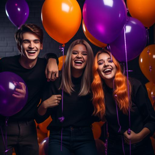 happy college kids celebrating at a Halloween costume party, with orange, purple and black balloons.