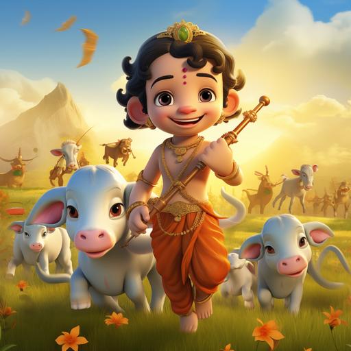 happy cows around child krishna while child krishna plays the flute cartoon style