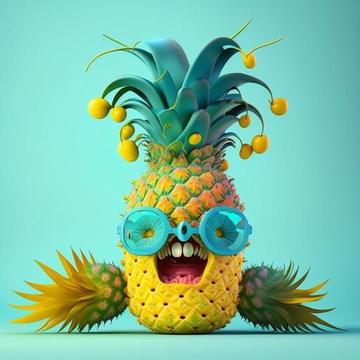 happy crayzy pineapple, eyes, eyebrows funny, smilling mouth :: pastel vibrant yellow/green pinepeel, catchy grean leaves :: tropicalpunk style