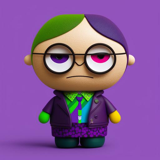 happy cute Dwight Schrute character, designer toy cute big head and big eyes dressed in designer clothes, dark purple suite and lime green shirt, psychadelic alexander mcqueen colours --v 4 --s 250