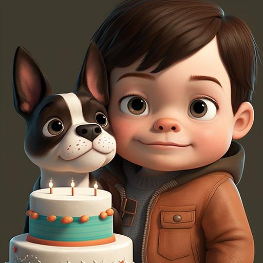 happy cute brown hair brown eyes 2 year old toddler boy at a birthday party number 2 and a cute boston terrier in Pixar HD animation Luca style