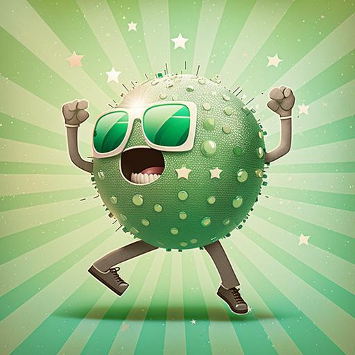 happy dancing cartoon disco ball, with sunglasses on, pastel colours, stars in background, light green block colour background