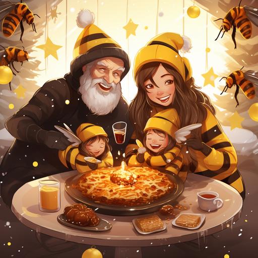 happy family in bee costumes celebrating the new year, on the table a lot of food and drink and honey, next to the Christmas tree and around the tree flying bees with bitcoin in their paws and falling snow anime style