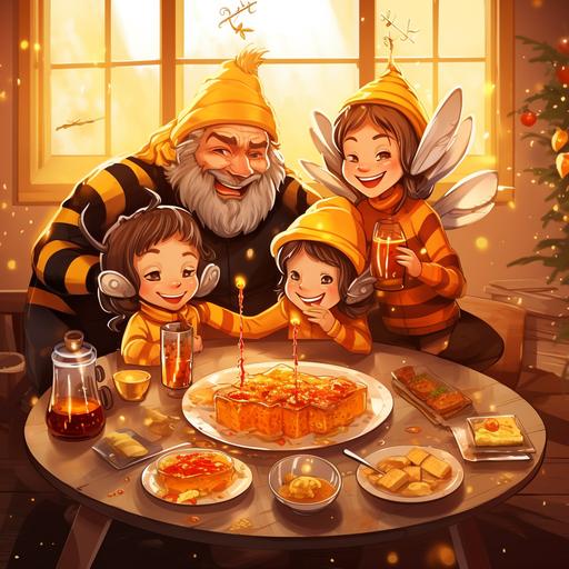 happy family in bee costumes celebrating the new year, on the table a lot of food and drink and honey , anime style
