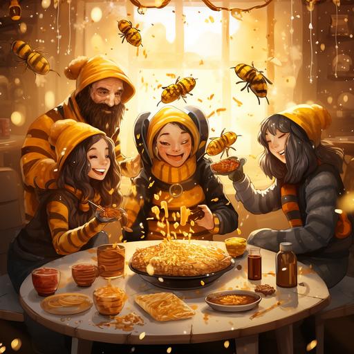 happy family in bee costumes celebrating the new year, on the table a lot of food and drink and honey, next to the Christmas tree and around the tree flying bees with bitcoin in their paws and falling snow anime style