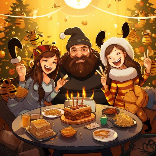 happy family in bee costumes celebrating the new year, on the table a lot of food and drink and honey, next to the Christmas tree and around the tree flying bees with bitcoin in their paws anime style
