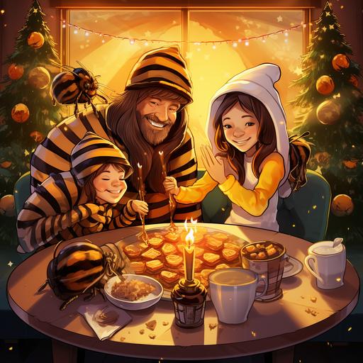 happy family in bee costumes celebrating the new year, on the table a lot of food and drink and honey, next to the Christmas tree and around the tree flying bees with bitcoin in their paws anime style