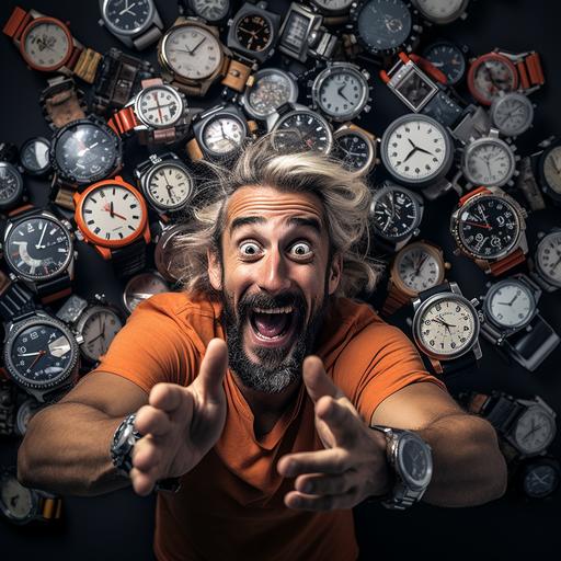 happy funny face man wearing 20 watches, Nikon D850, 8k