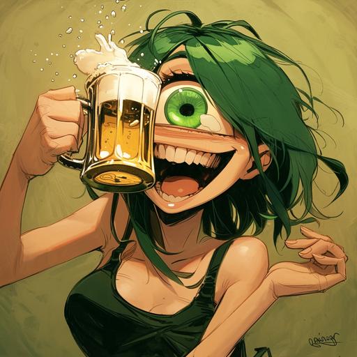 happy green haired cyclops girl with one large eye drinking a mug of beer and celebrating by Dan Mumford --style raw --niji 6