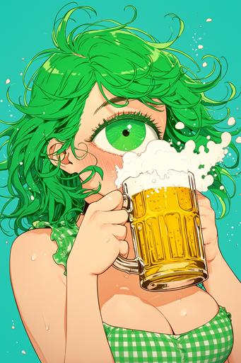 happy green haired cyclops girl with one large eye drinking a mug of beer and celebrating. pop art deco illustration by Apollonia Sinclair + Luis Royo + Jacob Hashimoto --niji 6 --ar 2:3