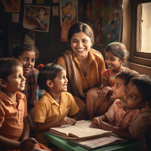 happy indian teachers with children around