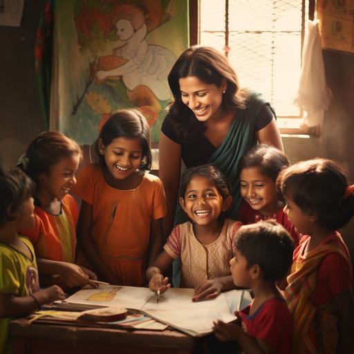 happy indian teachers with children around. Make children and teacher face clear and eyes should be bright.