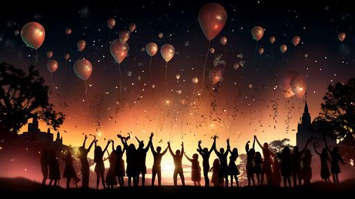 happy joyful birthday party scene of silhouettes of people gathered together, laughing and enjoying each other's company to highlight the social aspect of birthdays, with balloons, sparklers a wonderful cake and balloons, --v 5.2 --ar 16:9