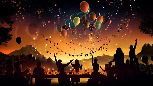 happy joyful birthday party scene of silhouettes of people gathered together, laughing and enjoying each other's company to highlight the social aspect of birthdays, with balloons, sparklers a wonderful cake and balloons, --v 5.2 --ar 16:9