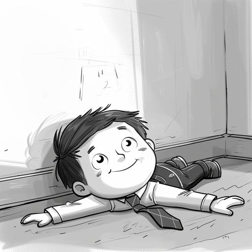 happy little man cartoon, laying on the floor, with a very big untied tie that touches the floor, line illustration, black and white