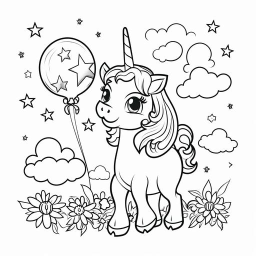 happy, little, sweet unicorn with balloons in the background, very simple drawing with thick balck lines, no colours, no shadings, not much deatils, suitable for toddlers colouring book