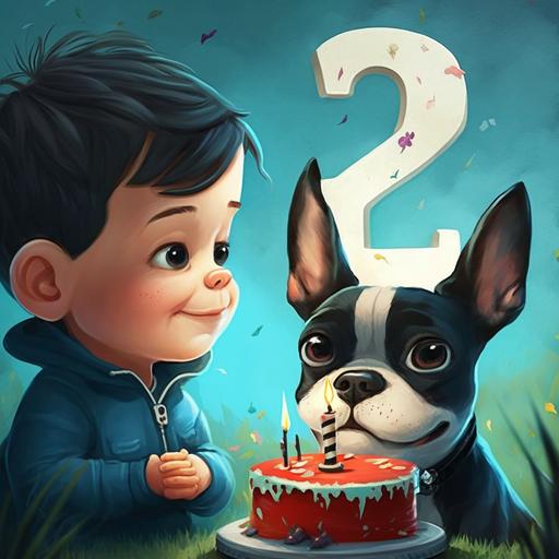 happy lovely 2 year old boy celebrating birthday party number 2 in a park with a lovely boston terrier in Pixar animation HD