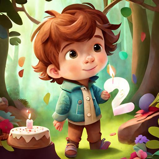 happy lovely brown hair brown eyes 2 year old boy celebrating his birthday party number 2 in a fairy forest Pixar animation HD