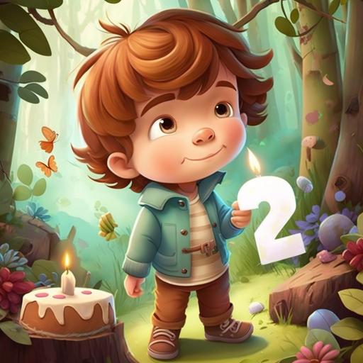 happy lovely brown hair brown eyes 2 year old boy celebrating his birthday party number 2 in a fairy forest Pixar animation HD