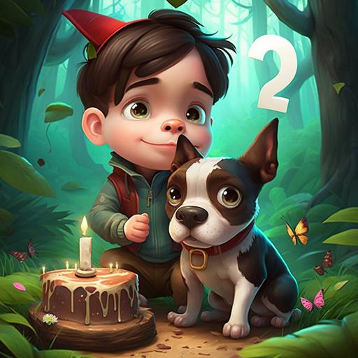 happy lovely brown hair brown eyes 2 year old boy celebrating his birthday party number 2 in a fairy forest with his happy lovely boston terrier dog Pixar animation HD