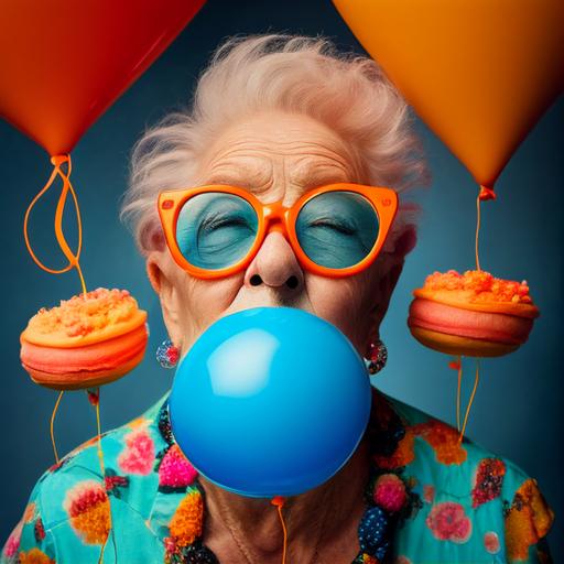 happy old lady wearing blue sunglasses and an orange dress, she is eating a big birthday cake, photograph of her face, close up, rim lighting, soft lighing, photography, bright background with colorful balloons