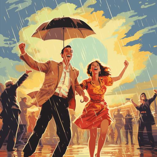 happy people dancing in rain and sunshine 1988, cartoon, cinematic lighting, imax quality visuals, 32 uhd