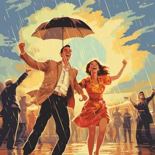 happy people dancing in rain and sunshine 1988, cartoon, cinematic lighting, imax quality visuals, 32 uhd