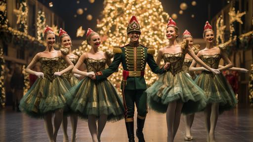 happy people dressed in Christmas costumes, ballerinas and green and gold soldiers, --ar 16:9
