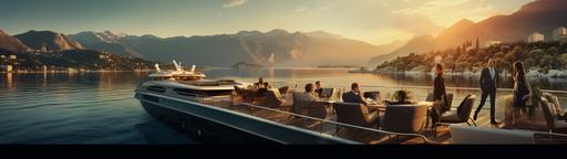 happy people on board of a beautiful thunderbird mega yacht with a breathtaking landscape in the background, professional photography --ar 32:9