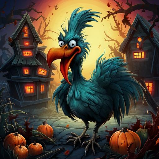 happy rooster with blue and green feathers, outside a haunted house, Halloween scene, cartoon style