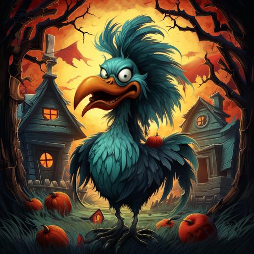 happy rooster with blue and green feathers, outside a haunted house, Halloween scene, cartoon style