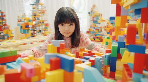 happy ten year old japanese girl with bangs playing with vibrant coloured blocks in her home, castles and bridges made of blocks, cars made of blocks, 8k, --ar 16:9