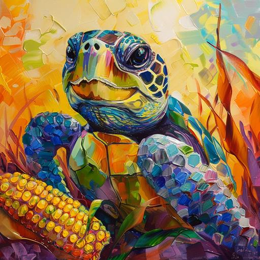happy, turtle corn, character, colorful, complimentary colors