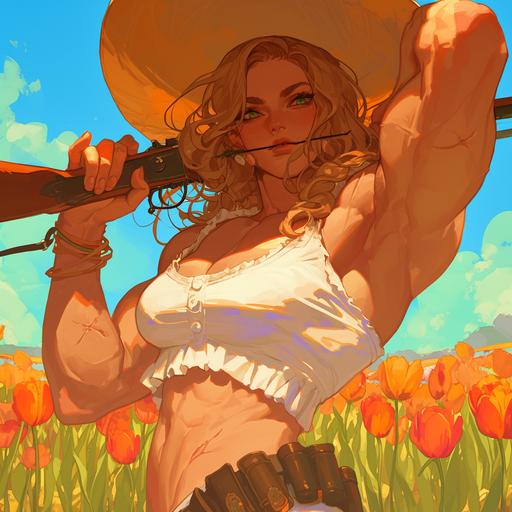 hardboiled rugged muscular bodybuilder female farmer with wide straw farmer hat, rustic clothes, tattered white tunic, chewing a straw and looking at viewer non-chalantly while holding a rifle, among a field of tulips, under the scorching summer sun --niji 6