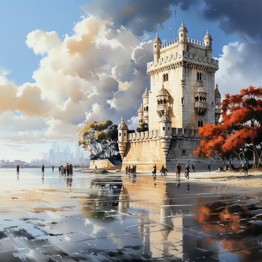 a oleo painting of Lisbon torre de belem em lisboa photo realisc on lisbon in autumn --s 750 --style raw