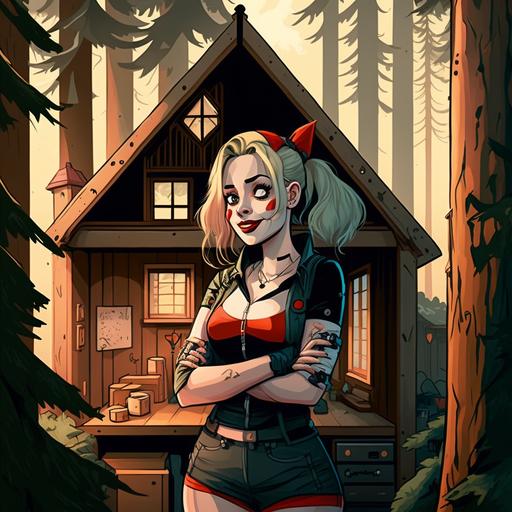 harley quinn, cartoon, pretty, in cabin house, pine trees outside