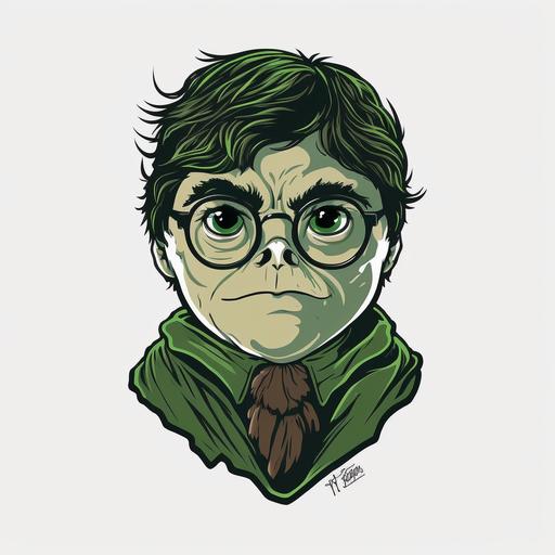 harry potter human face like green pepe frog, cartoon style, transparent background