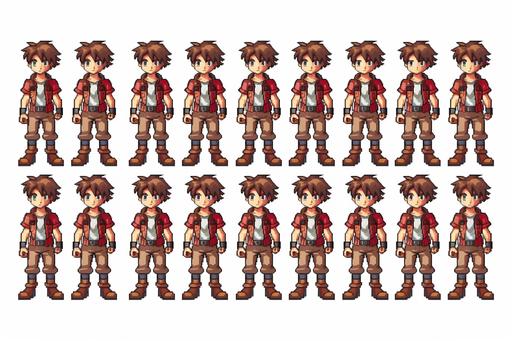 harvest moon DS style 2d 16 bit male character alone - sprite sheet - red clothing accents for a top down rpg - idle facial expression - refined --v 6.0 --ar 3:2