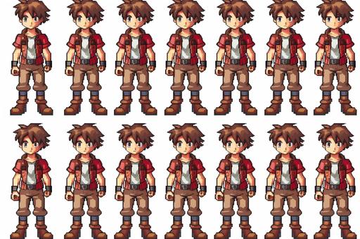 harvest moon DS style 2d 16 bit male character alone - sprite sheet - red clothing accents for a top down rpg - idle facial expression - refined --v 6.0 --ar 3:2