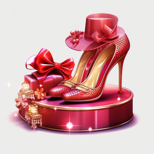 hats and heels, colors red, pink, gold, silver and white, full vivid colors\ animation transparent background