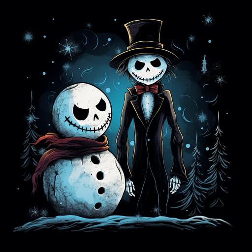 haunted christmas skeleton man in snow next to creepy snowman with top hat dark night cool goth colors stars and moon kid crayon drawing fade to black background