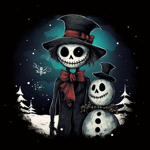 haunted christmas skeleton man in snow next to creepy snowman with top hat dark night cool goth colors stars and moon kid crayon drawing fade to black background
